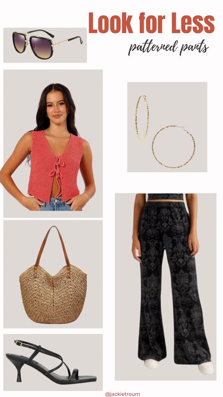 And if you like the look, but not the price, here’s this week’s Look for Less.

Red Knit Top: Petal + Pup
Black Patterned Pants: Beyond Yoga
Gold Hoop Earrings: Nordstrom
Square Aviator Sunglasses & Straw Tote Bag: Amazon
Black Strappy Sandals: Nine West

#LTKitbag #LTKshoecrush

#LTKFindsUnder100 #LTKSeasonal #LTKStyleTip