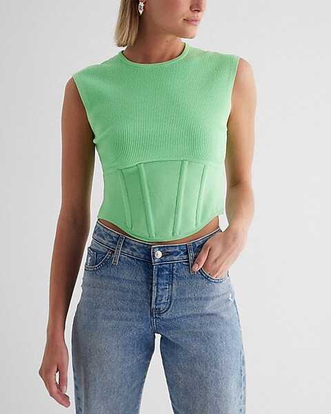 Fitted Crew Neck Corset Sweater Tank | Express