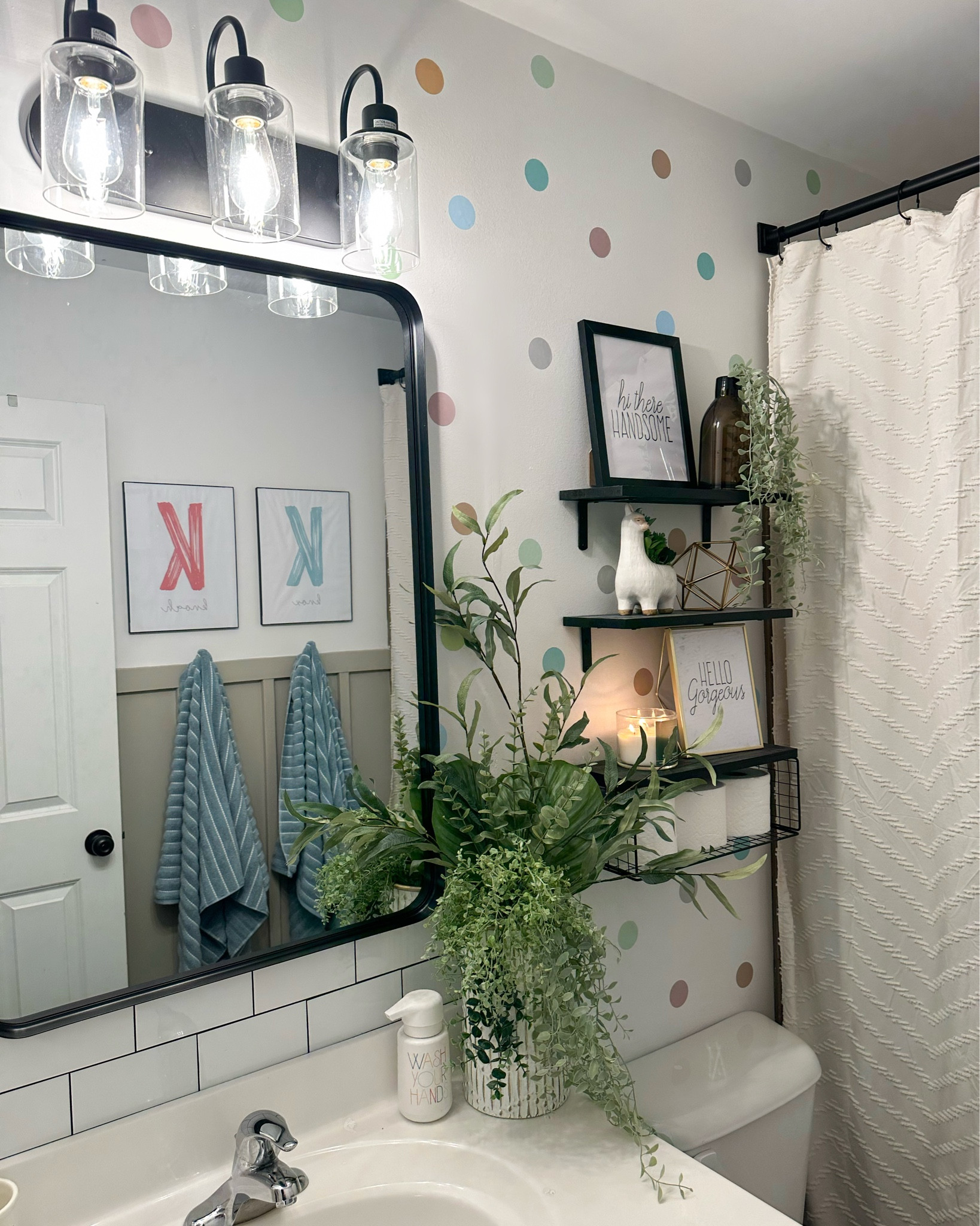 BEFORE ——> AFTER
Decided to freshen up the kids bathroom, again. Knox didn’t care for the polka dots 😆🫧✨

I made the prints on Canva & sent them to Walgreens
Frames are Hobby Lobby 
The rest is linked 🫶🏻



#LTKHome #LTKvlog #LTKKids