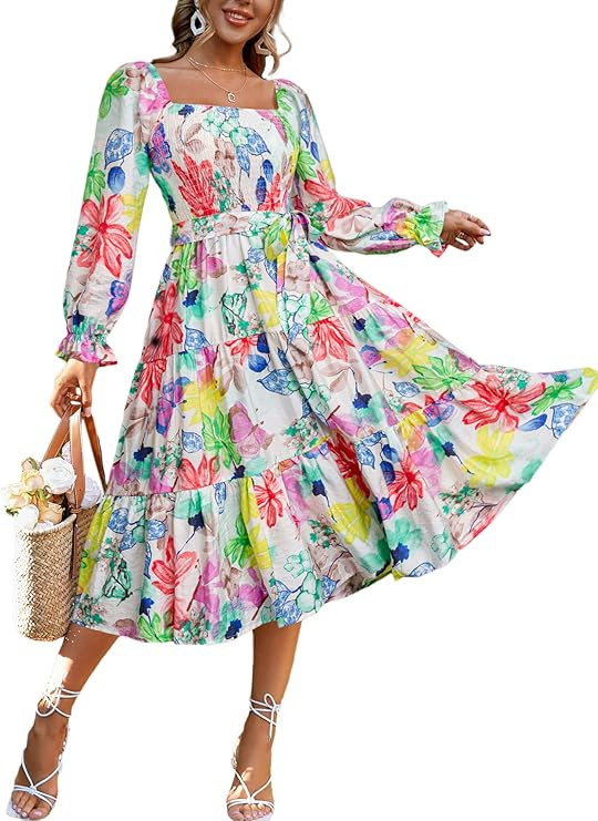 Amegoya Women's Boho Flowy Long Sleeve Square Neck Floral Midi Dress Smocked Spring Fall Wedding ... | Amazon (US)