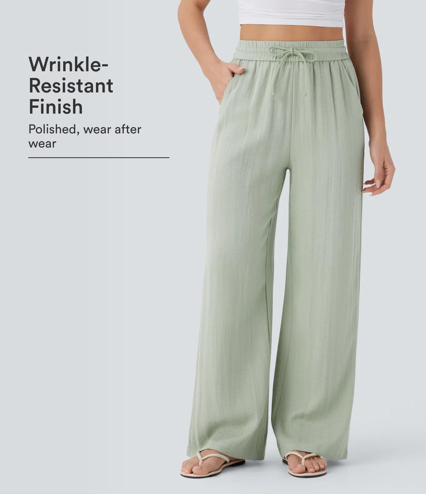 High Waisted Drawstring Pocket Wide Leg Baggy Casual Linen-Feel Pants | HALARA