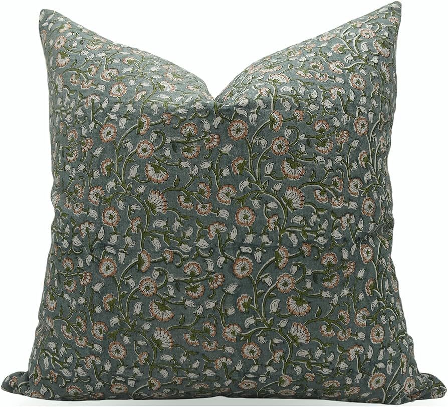 Block Print Pure Linen 14x14 Throw Pillow Covers,Handmade(Green, Himachal) | Amazon (US)