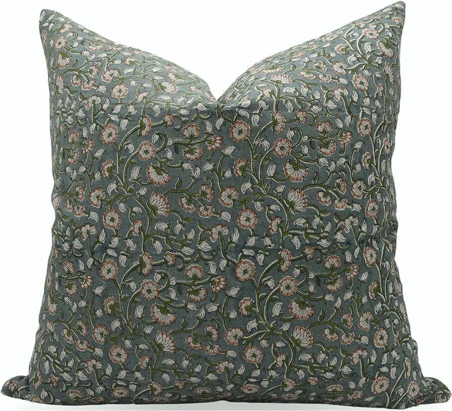 Fabritual Block Print Pure Linen 22x22 Throw Pillow Covers with Floral Print Boho Home Decor (Gre... | Amazon (US)