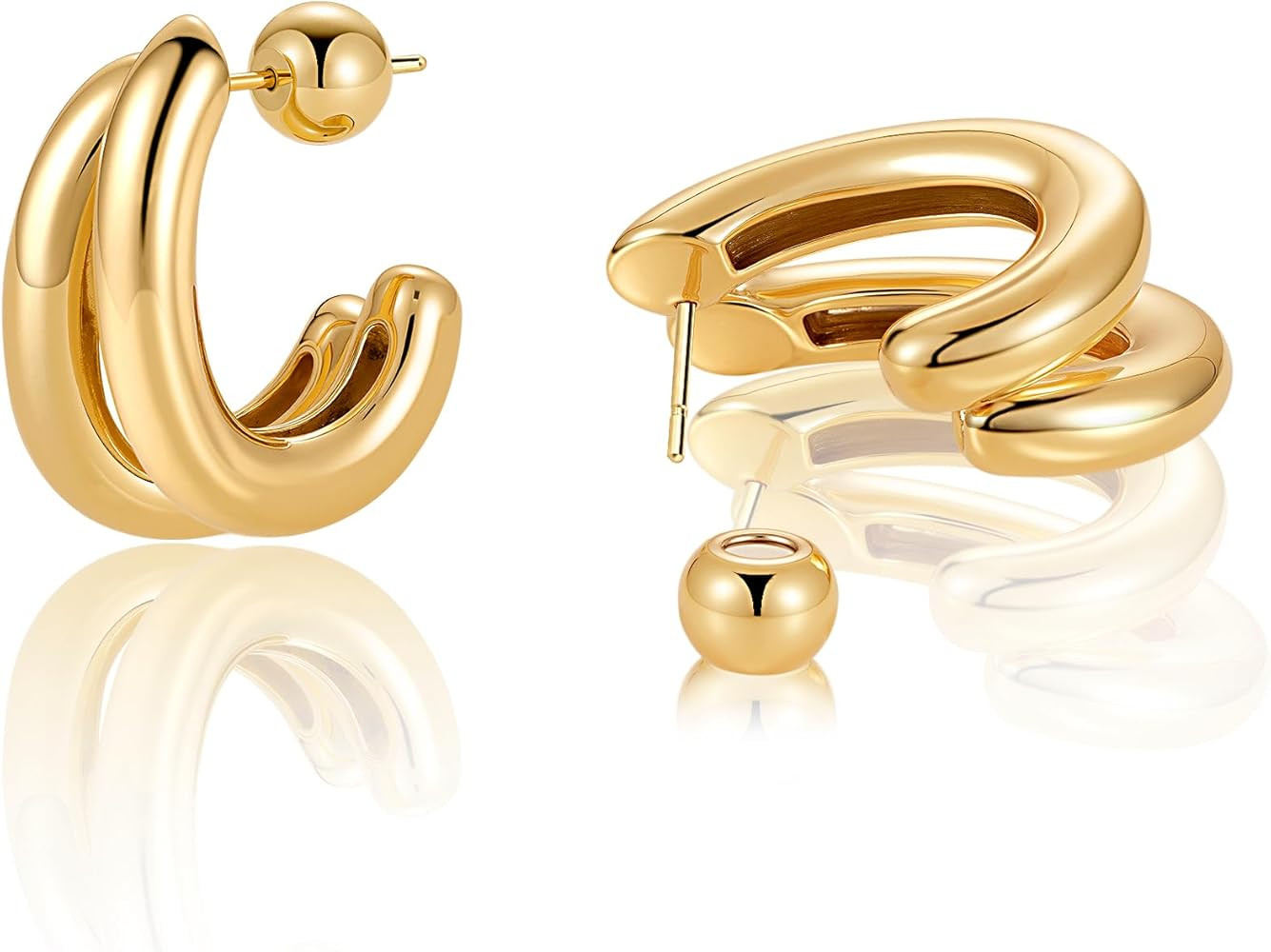 Gold Hoop Earrings for Women - Chunky Earrings 14K Gold Plated Earrings Trendy Hoops Small Thick ... | Amazon (US)