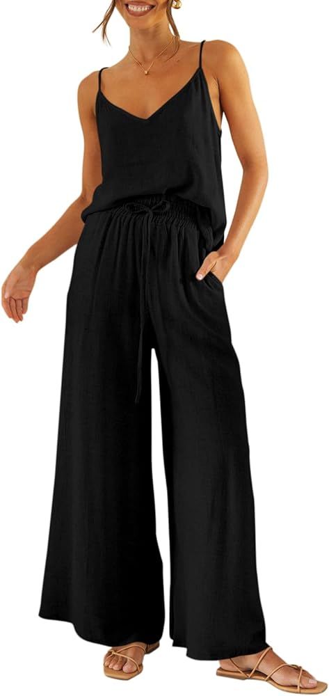 Imily Bela Womens 2 Piece Outfit Set Spaghetti Strap V Neck Cami Top with Wide Leg Pants Casual P... | Amazon (US)