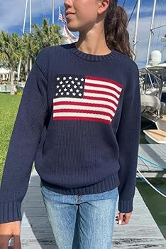 Women American Flag Sweater Long Sleeve Crew Neck Loose Fit Knit Pullover Tops USA Casual Loose P... | Amazon (US)