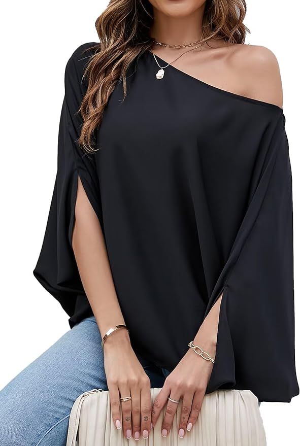 CiCiBird Women Casual Off The Shoulder Blouse Loose Batwing Sleeve Shirt Flowy Chiffon Top | Amazon (US)