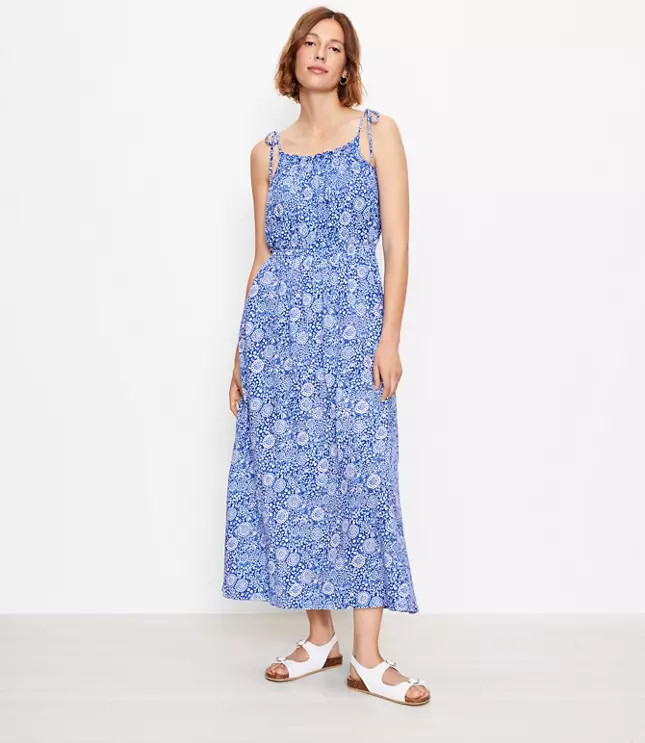LOFT Beach Floral Bow Strap Smocked Maxi Dress | LOFT