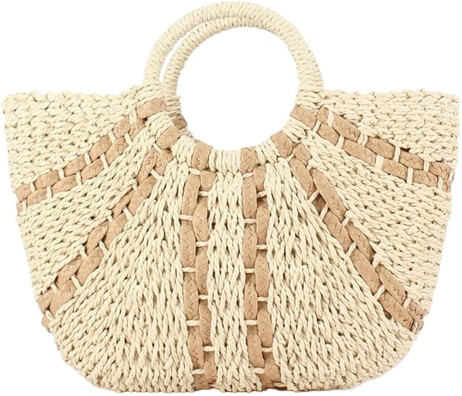 YYW Straw Bags for Women,Hand-woven Straw Large Bag Round Handle Ring Tote Retro Summer Beach Rat... | Amazon (US)