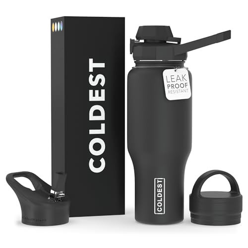 Coldest Sports Water Bottle - 3 in 1 Lids (Chug, Straw, Handle) - Insulated Stainless Steel Tumbler with Handle - Vacuum Water Flask Cup, Valentines Gifts for Him Her (36 oz, Stealth) | Amazon (US)