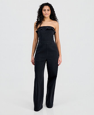Tinseltown Juniors' Ruffled Strapless Wide-Leg Jumpsuit - Macy's | Macy's