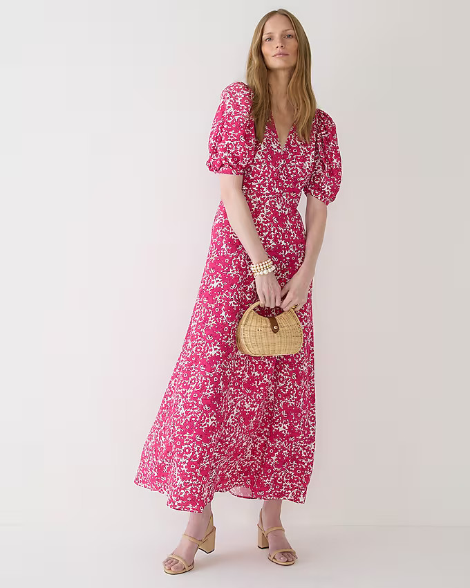 Puff-sleeve V-neck midi dress in drapey floral | J. Crew US