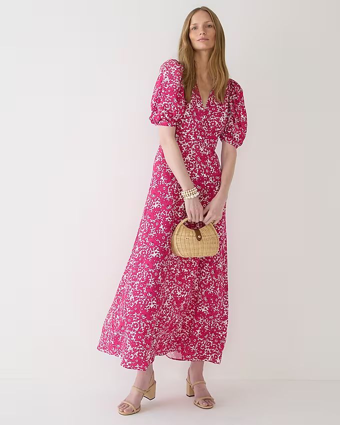 Collection puff-sleeve V-neck midi dress in drapey floral | J.Crew US