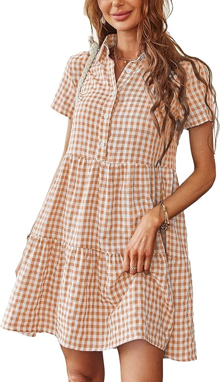 COMELY Casual V Neck Plaid Tunic Shirt Dress Leopard Short Sleeve Summer Mini Dress for Women | Amazon (US)