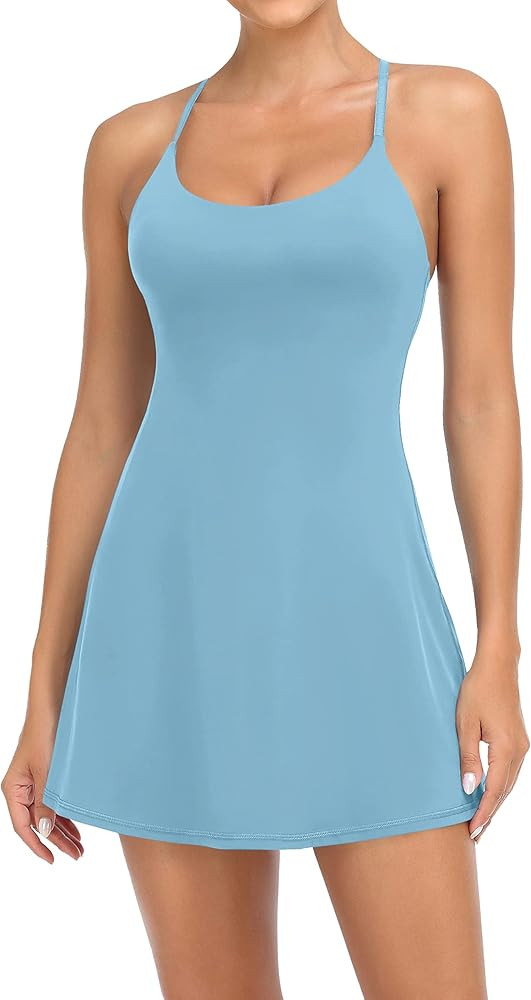 Women Workout Tennis Dress with Built-in Bra Shorts, Adjustable Cross Shoulder Straps with Pocket... | Amazon (US)