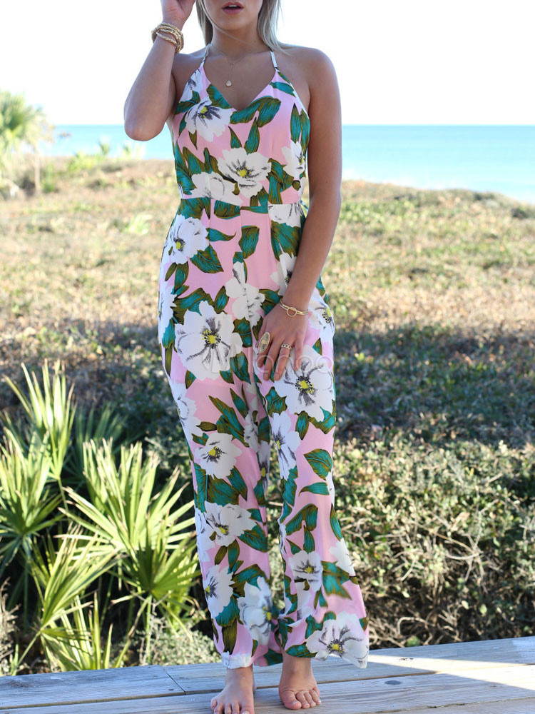 Women's Floral Jumpsuit Halter V Neck Backless Rompers | Milanoo