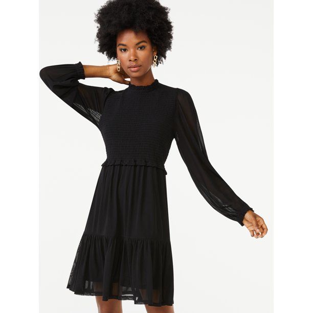Scoop Women's Smocked Midi Dress with Long Sleeves | Walmart (US)