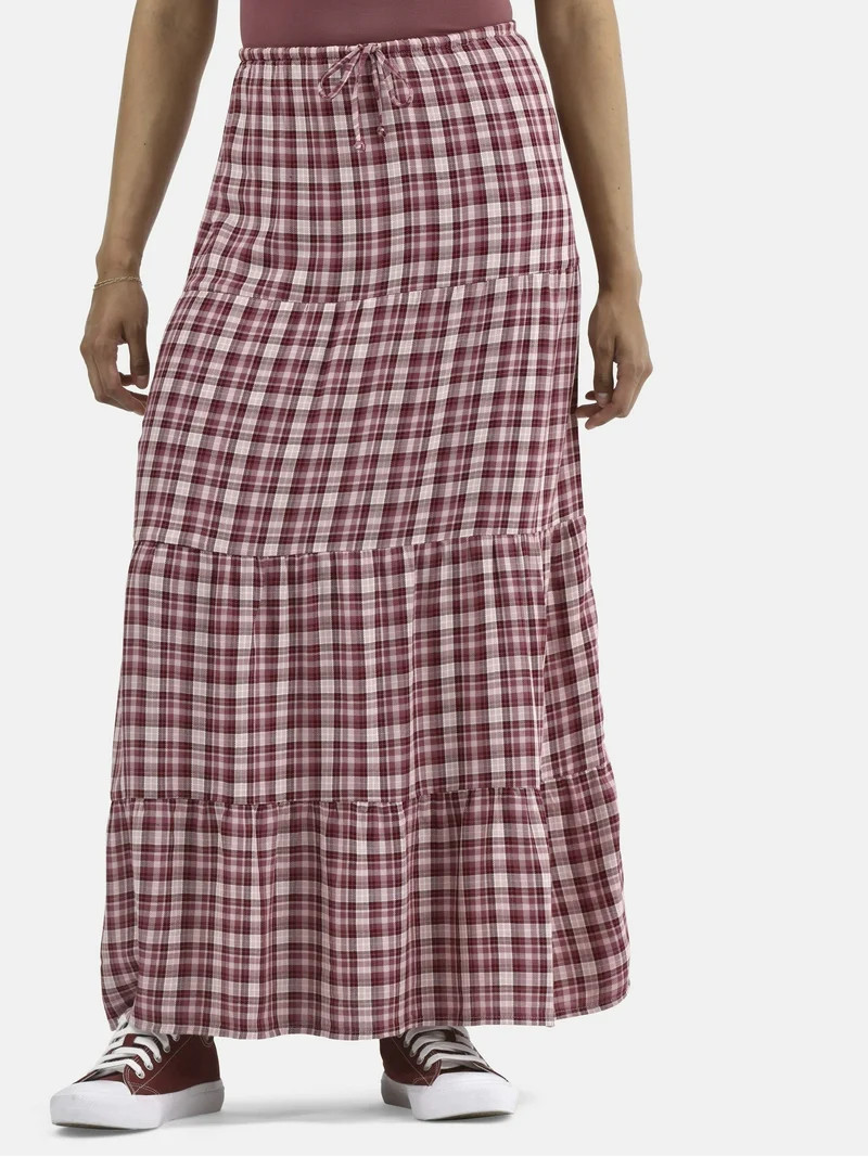 No Boundaries Woven Plaid Tiered Maxi Skirt, Women's | Walmart (US)
