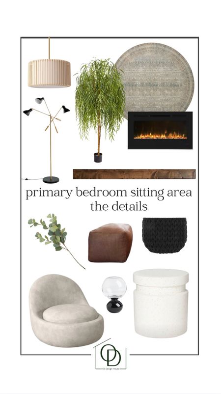 A bedroom sitting area mood board. 

Modern organic home decor, modern organic room design, sitting area, primary bedroom, bedroom refresh, faux willow tree, leather ottoman, leather pouf, round area rug, white drum end table, cozy swivel chair, electric fireplace insert, black and gold floor lamp, woven basket, smoked glass vase, slatted wood pendant light 

#LTKhome #LTKFind #LTKstyletip