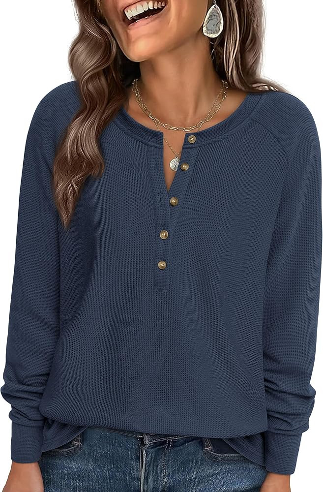 PRETTYGARDEN Women Long Sleeve Waffle Knit Shirts 2026 Fall Casual Button V Neck Loose Henley Top... | Amazon (US)