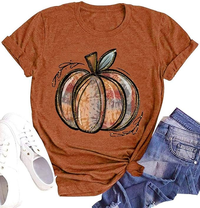 Halloween Pumpkin Shirt Women Plaid Leopard Graphic Tees Funny Cute Short Sleeve Fall Shirt Thank... | Amazon (US)
