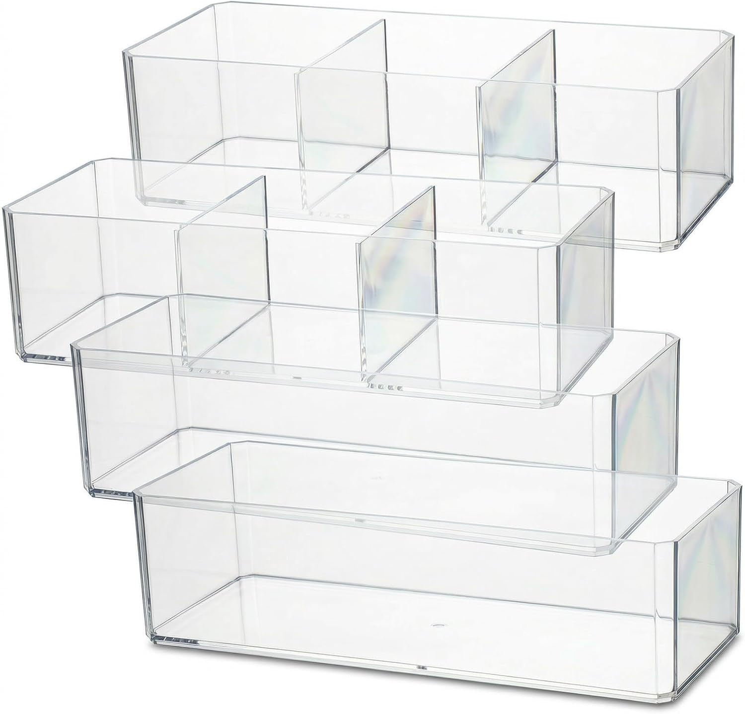 MAQUITA 4 Pack Makeup Organizer, Clear Acrylic 3-Compartment Storage Box for Vanity, Transparent Lipstick Holder for Cosmetics, Brushes, and Nail Polishes (2 Types) | Amazon (US)