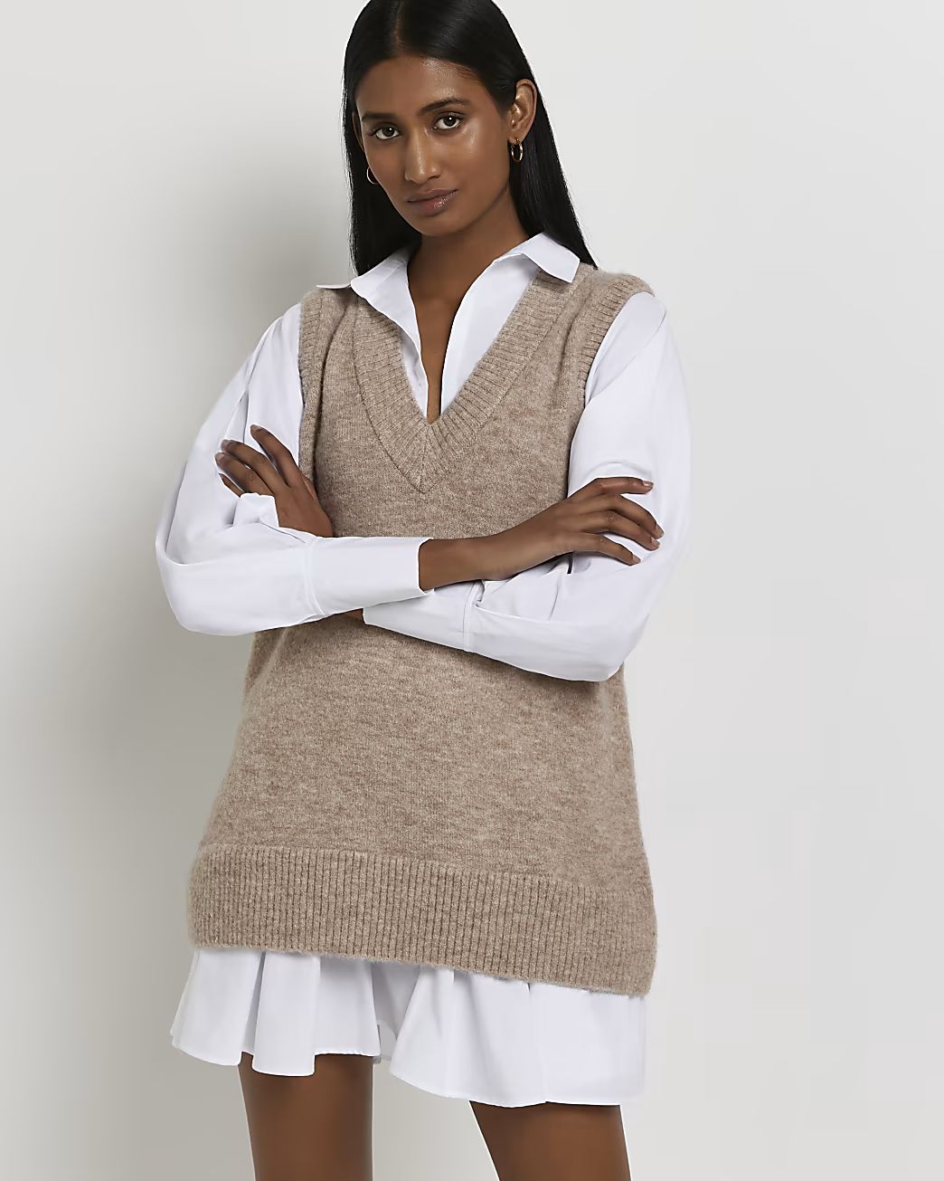 Brown knitted mini shirt dress | River Island (UK & IE)