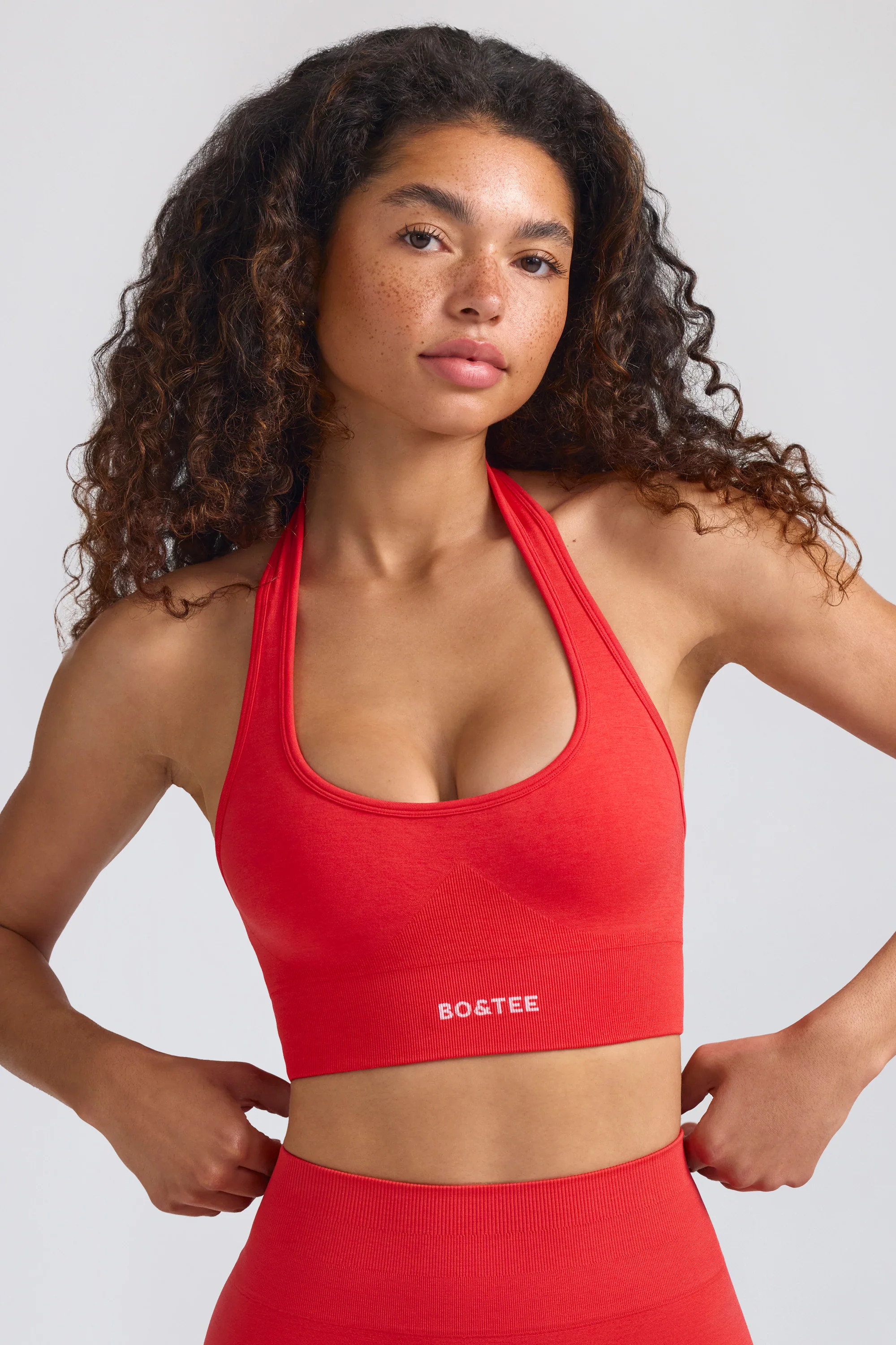 Define Luxe Halterneck Sports Bra in Poppy Red | Bo+Tee