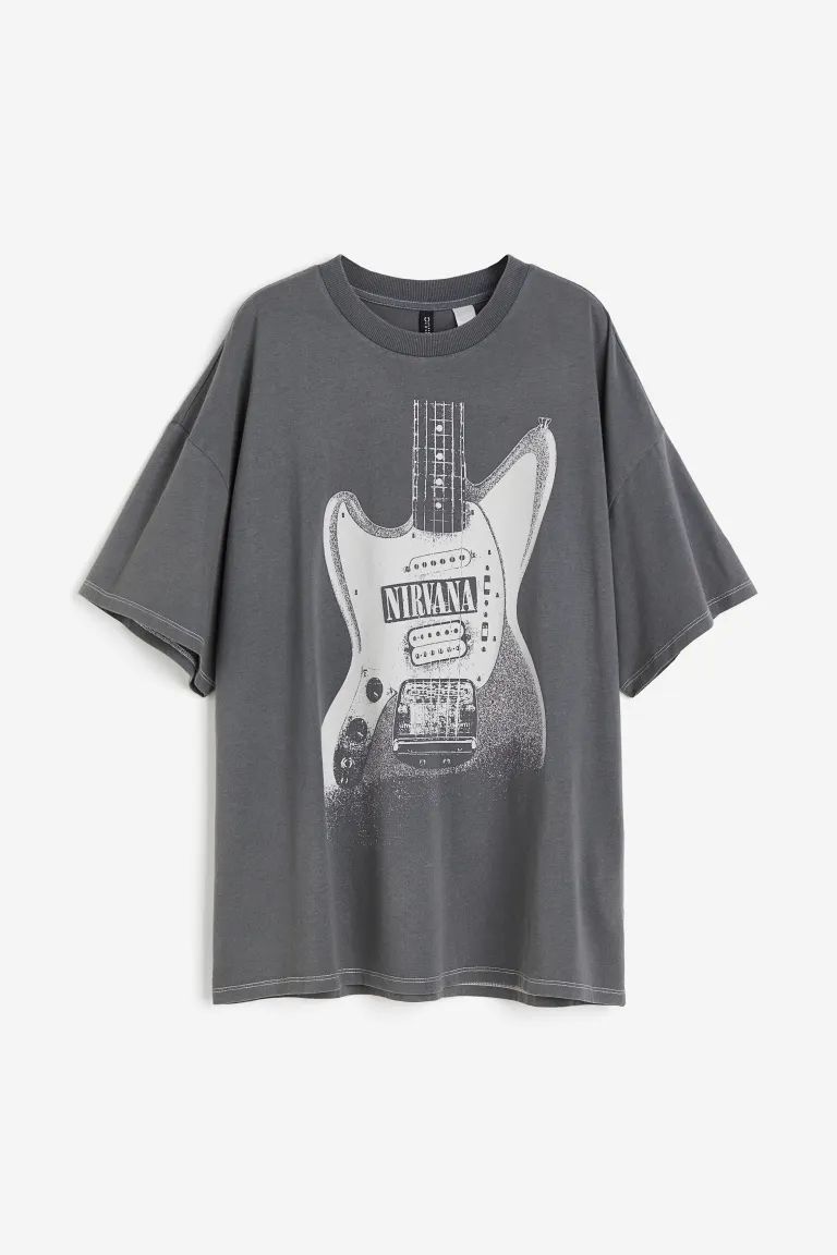 Oversized Printed T-shirt - Round Neck - Short sleeve - Dark gray/Nirvana - Ladies | H&M US | H&M (US + CA)