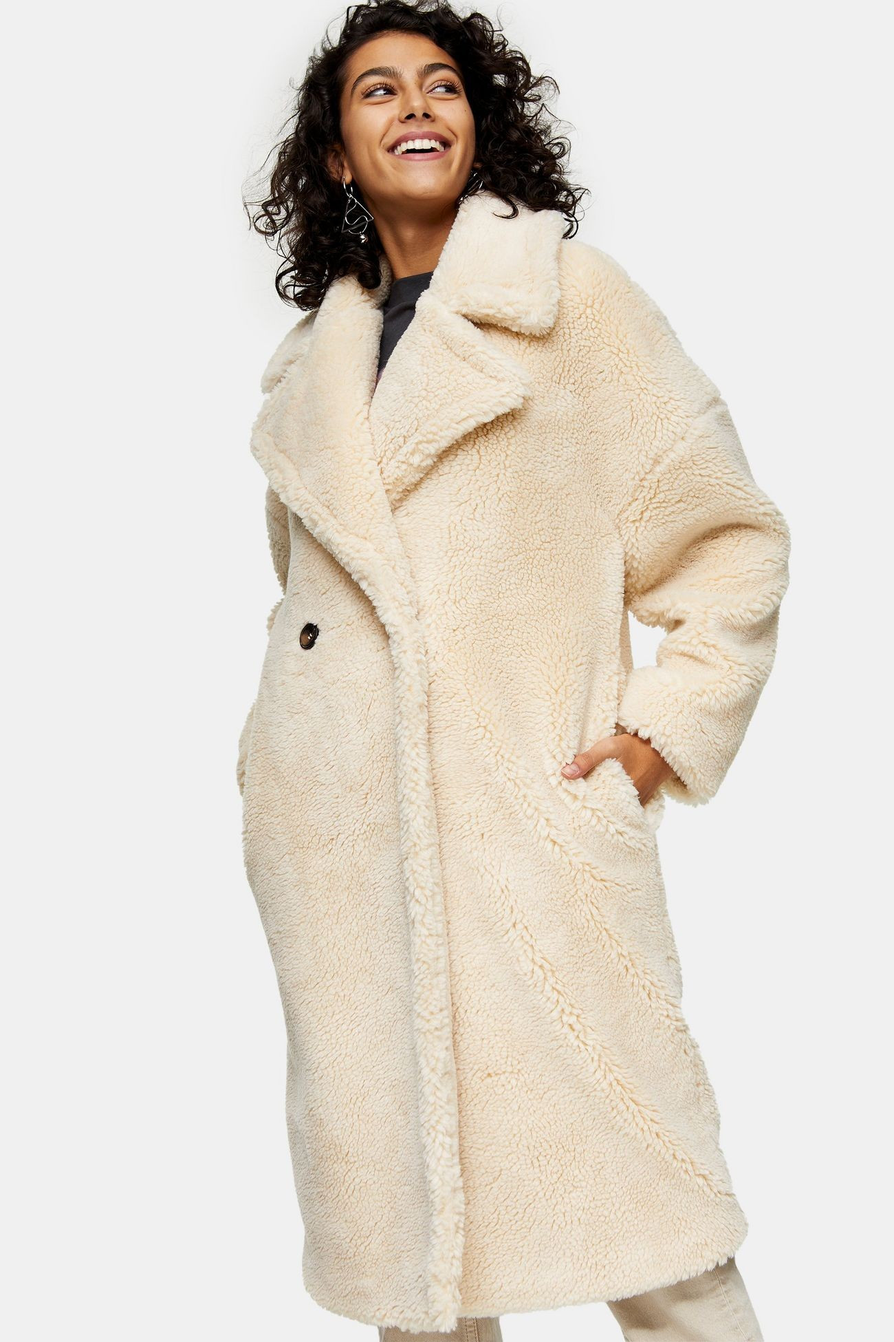Cream Oversized Borg Longline Coat | Topshop UK
