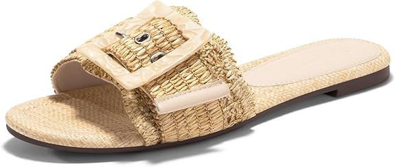 Coutgo Womens Flat Sandals Raffia Slip On Slide Sandal Square Open Toe Buckle Summer Beach Shoes ... | Amazon (US)