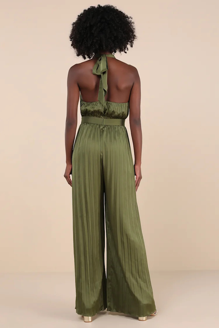 Confident Impression Olive Green Satin Pleated Halter Jumpsuit | Lulus