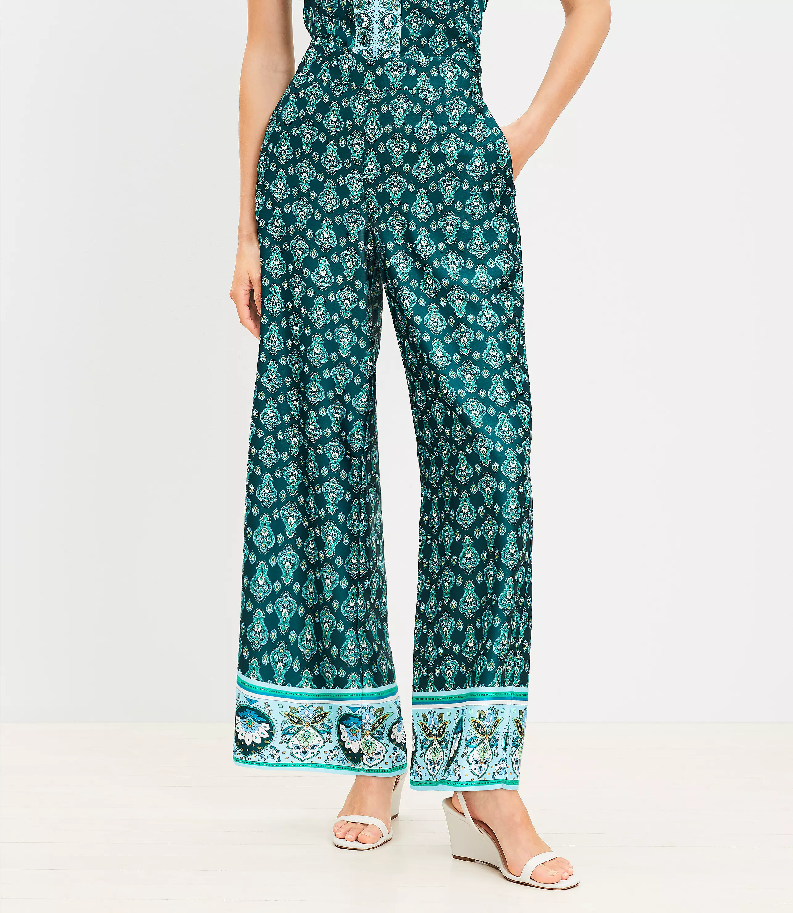 Fluid Pull On Wide Leg Pants in Medallion Border Floral | LOFT