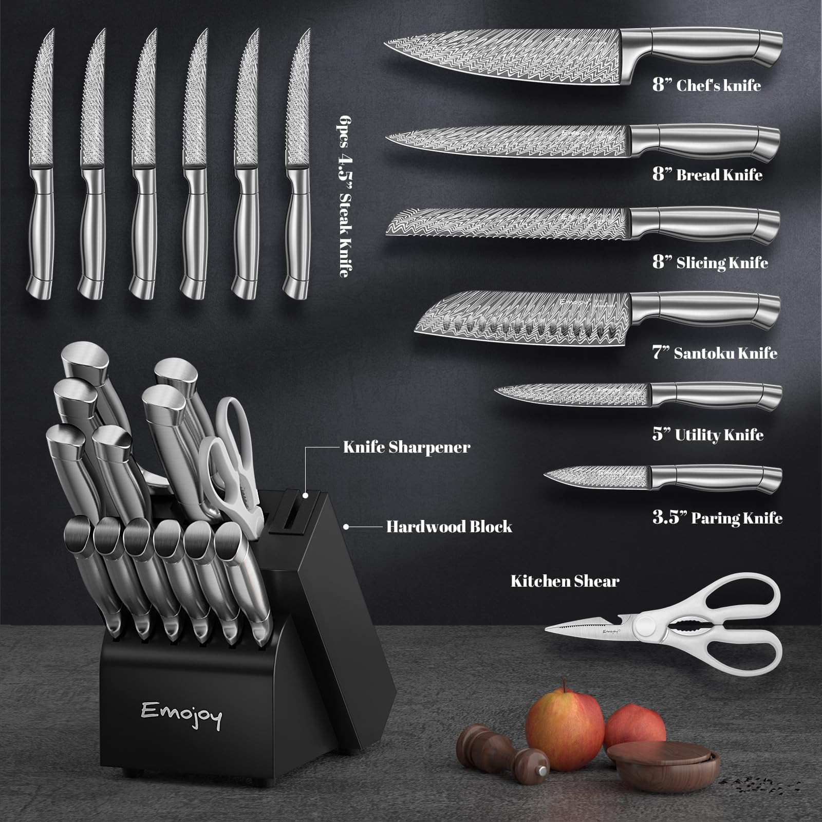 Knife Set, Emojoy 15 Pieces Kitchen Knife Block Set with Built-in Sharpener, High Carbon Stainles... | Amazon (US)
