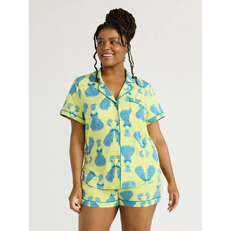 Joyspun Women's Knit Notch Collar Top and Shorts Pajama Set, 2-Piece, Sizes S to 3X | Walmart (US)