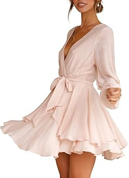 Cosonsen Women's Dress Deep V-Neck Long Sleeve Waist Tie Ruffle Mini Swing Skater Dresses | Amazon (US)