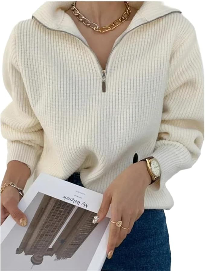 Winter Women' Sweater Long Sleeve Sweaters Turtleneck Zippers Loose Solid -Down Collar Pullover f... | Amazon (US)