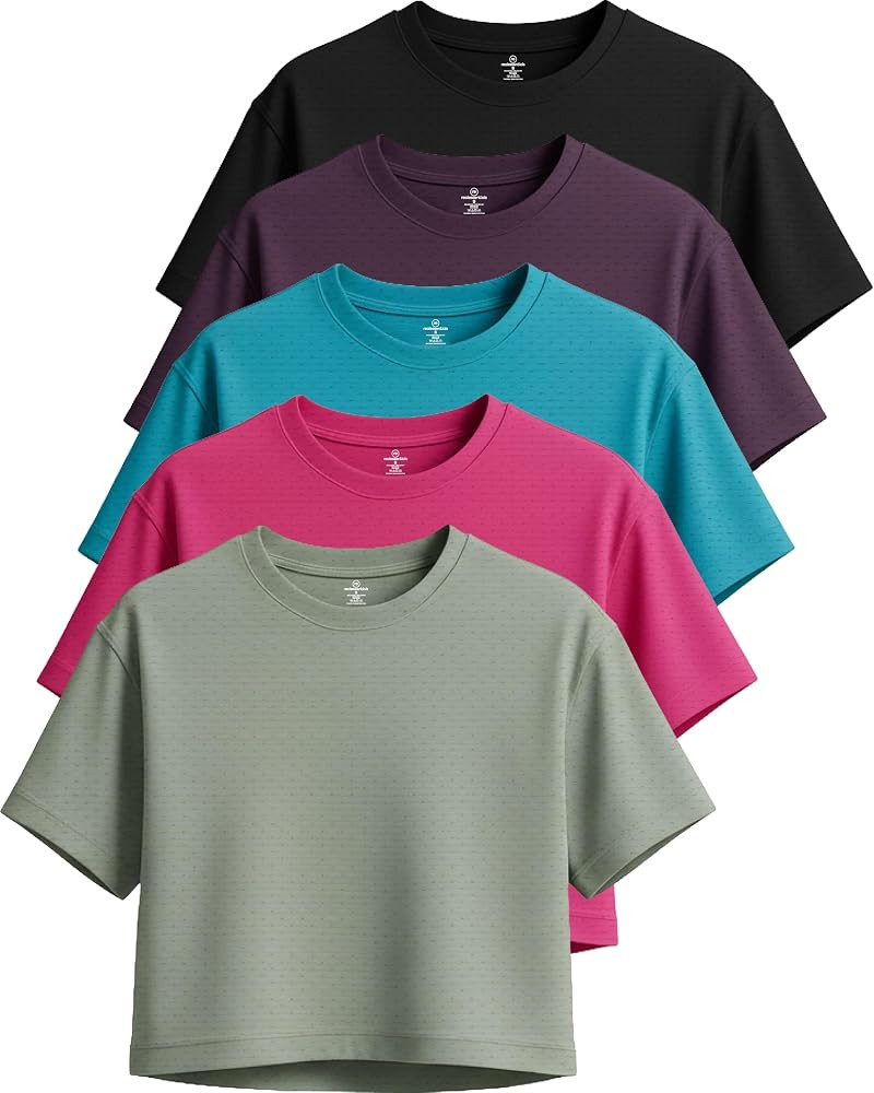 Real Essentials 5 Pack: Women's Dry-Fit Breeze Tech Crop Tops \u2013 Short Sleeve Athletic Workou... | Amazon (US)