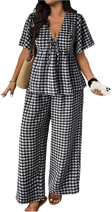 SOLY HUX Women's Plus Size 2 Piece Outfit Gingham Set V Neck Blouse and Wide Leg Pants for Curvy | Amazon (US)