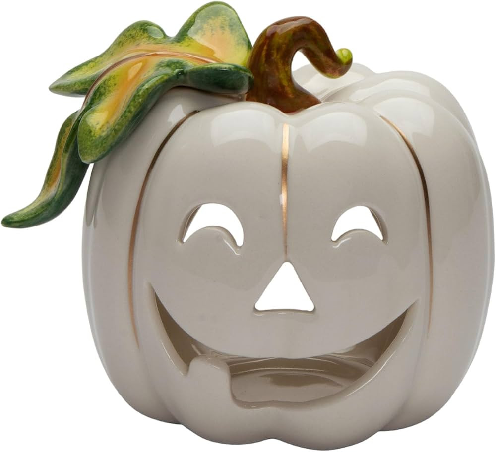 21073 Fine Ceramic Halloween White with Gold Pumpkin Tea Light Candle Holder, 5" L | Amazon (US)