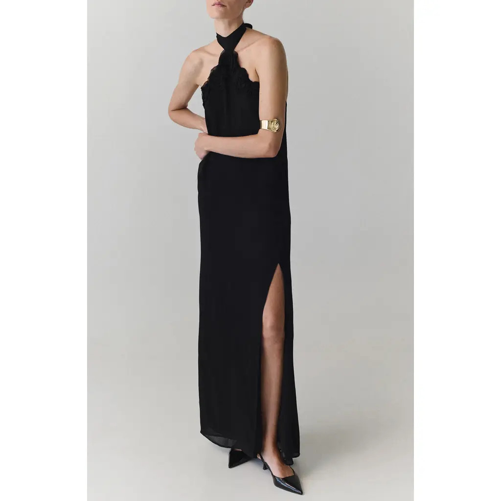 MANGO Halter Neck Maxi Dress with Floral Detail in Black at Nordstrom, Size 8 | Nordstrom