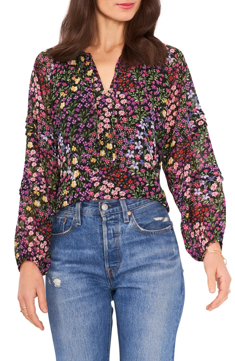 Mixed Floral Tie Neck Blouse | Nordstrom