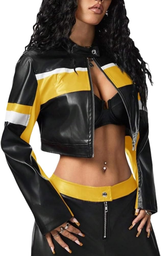 Race Car Driver Jacket Women Long Sleeve Stand Collar Zip Up Cropped Leather Jacket Women 2025 | Amazon (US)