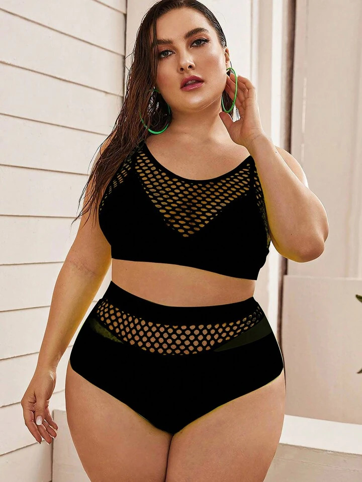 SHEIN Swim Curve Plus Size Summer Beach Women Plain Color Hollow Out Bra & High Waist Bikini Bott... | SHEIN