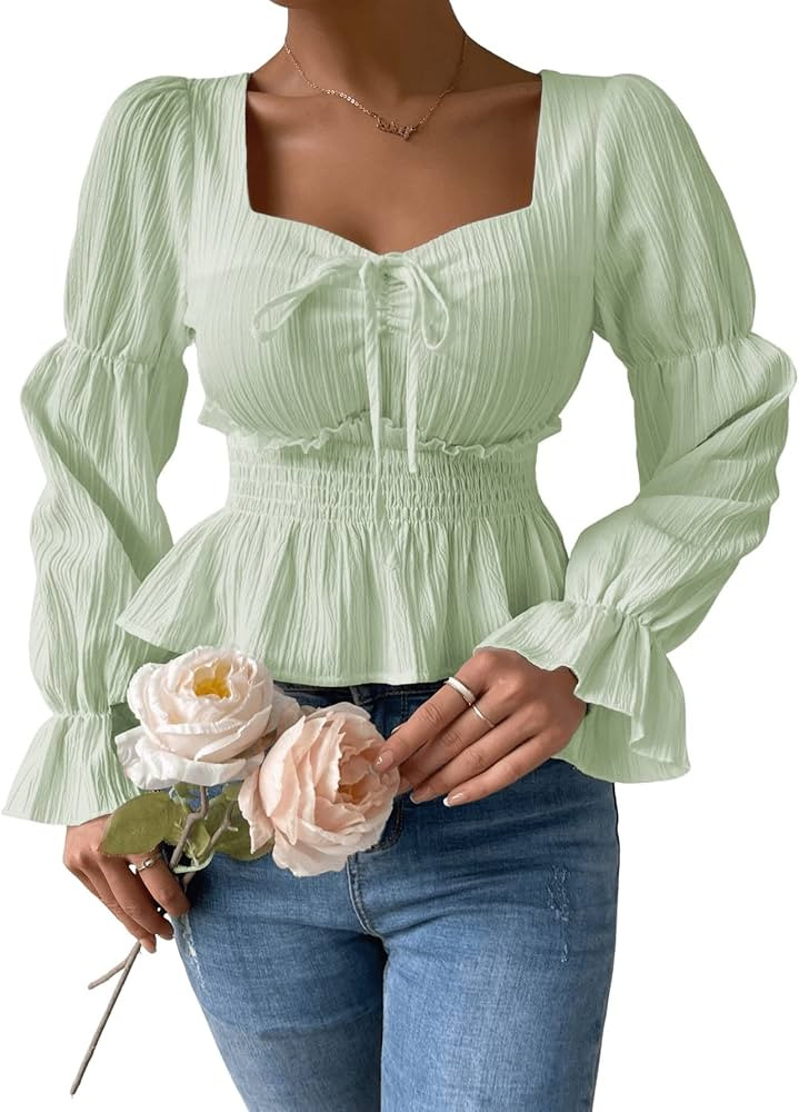 SweatyRocks Women's Flounce Long Sleeve Sweetheart Neck Ruffle Hem Blouse Tie Front Shirred Peplu... | Amazon (US)