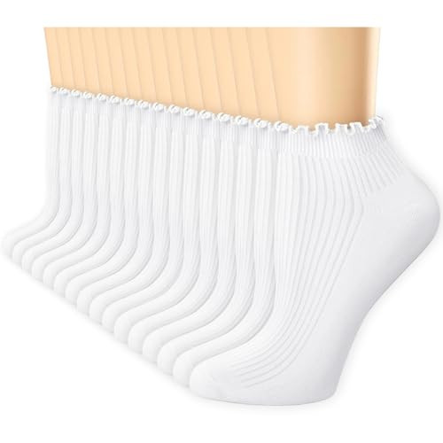 SEEKSOCK 8 Pairs Ruffle Socks for Women, Ankle Cute Frilly Cotton Casual Soft Breathable Knit Lettuce Socks, A-White | Amazon (US)