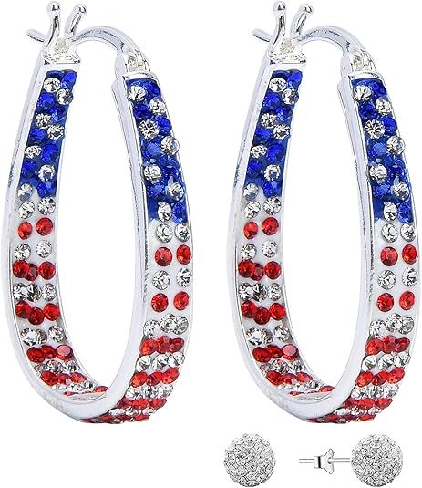 Crystal Hoop Earrings For Women Sparkly Earring Silver Plated White Red and Blue Earring Jewelry ... | Amazon (US)
