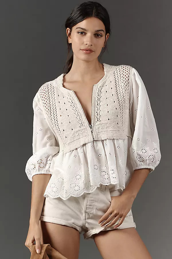 By Anthropologie Half-Zip Sweater Vest Eyelet Blouse | Anthropologie (US)