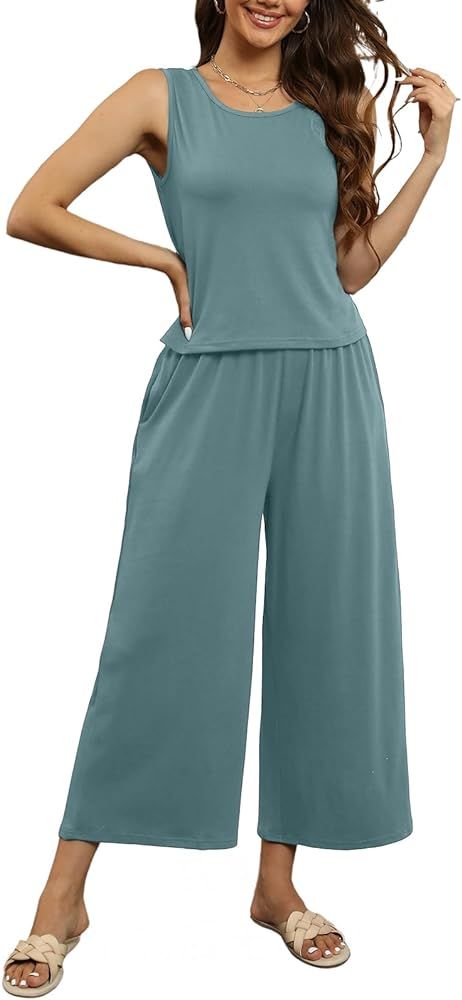 Nfsion Women's Summer 2 Piece Outfits Sleeveless Tank Top Wide Leg Long Pants Casual Set with Poc... | Amazon (US)