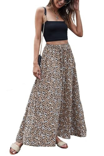 Women Maxi Beach Skirts Summer Leopard Print Beach Pleated Elastic High Waisted Long Skirts | Amazon (US)
